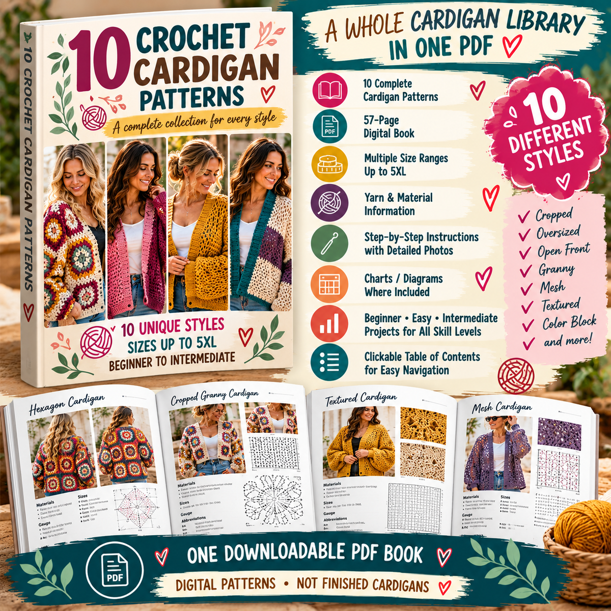 57 page crochet cardigan pattern PDF book with ten complete cardigan patterns charts photos and size guidance