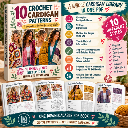 57 page crochet cardigan pattern PDF book with ten complete cardigan patterns charts photos and size guidance