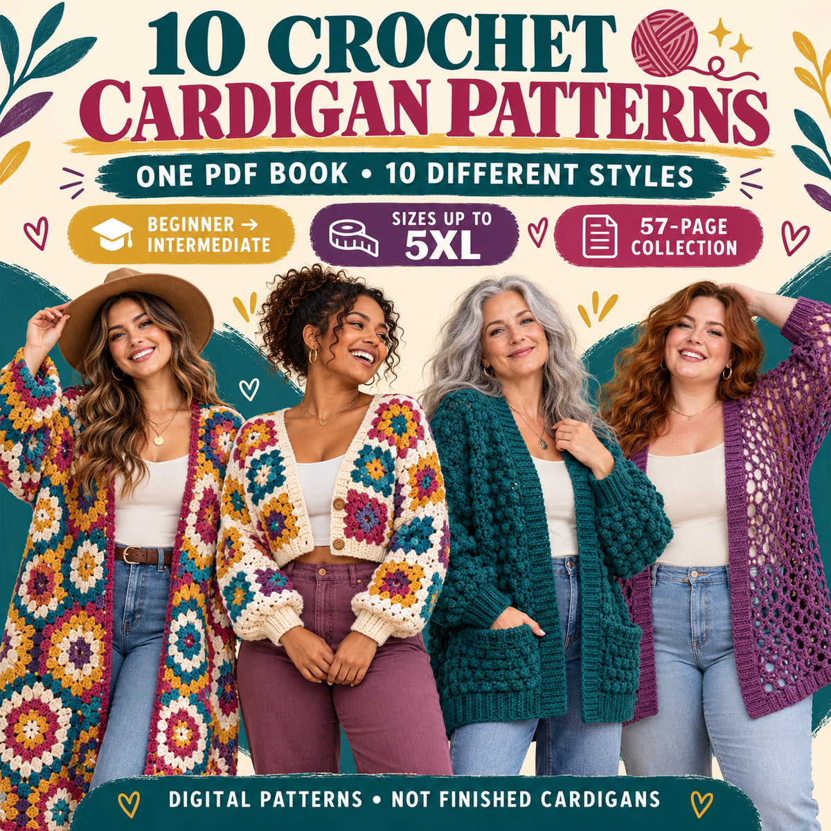 10 crochet cardigan patterns bundle with four colorful cardigan styles sizes up to 5XL