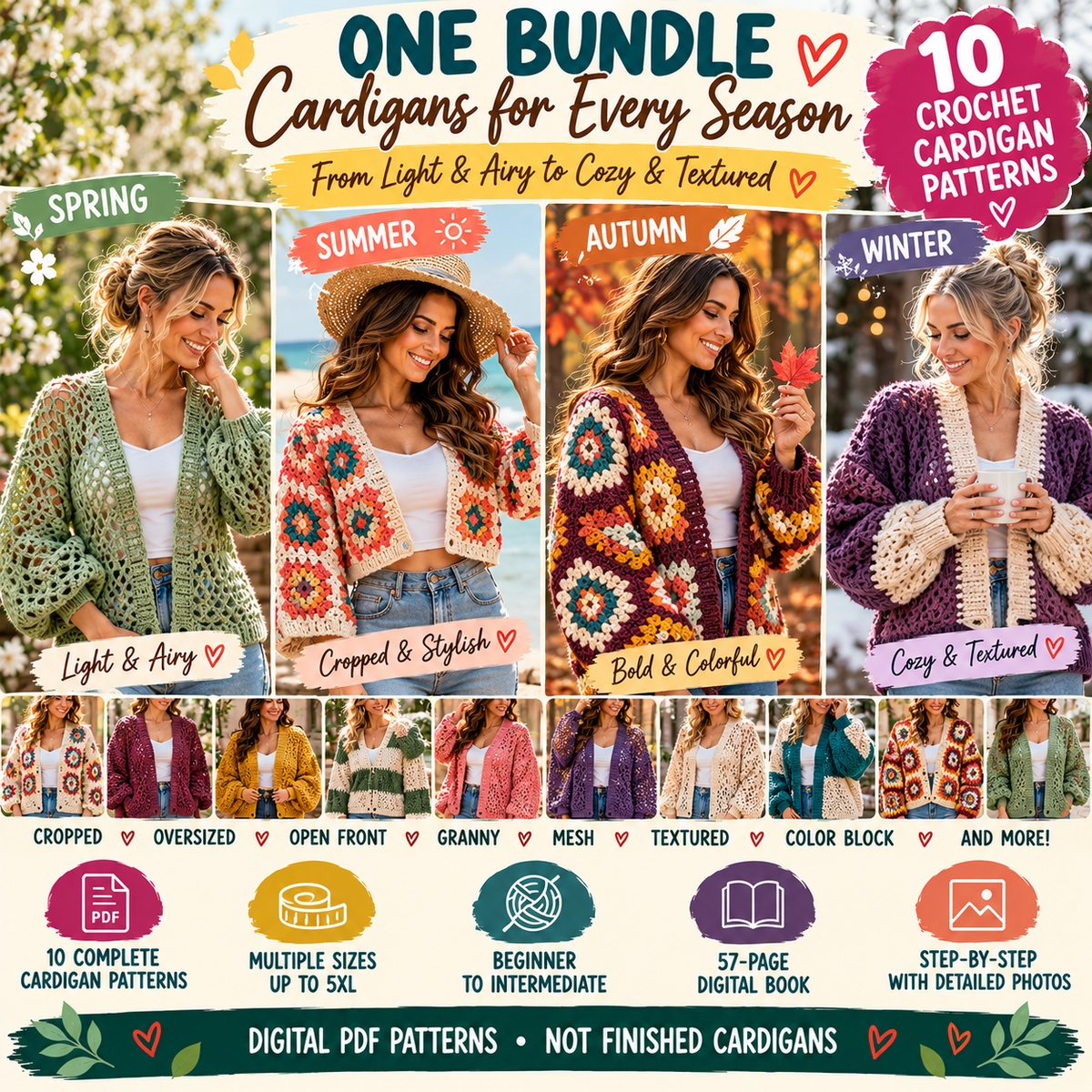 Crochet cardigan pattern bundle with spring summer autumn and winter cardigan styles