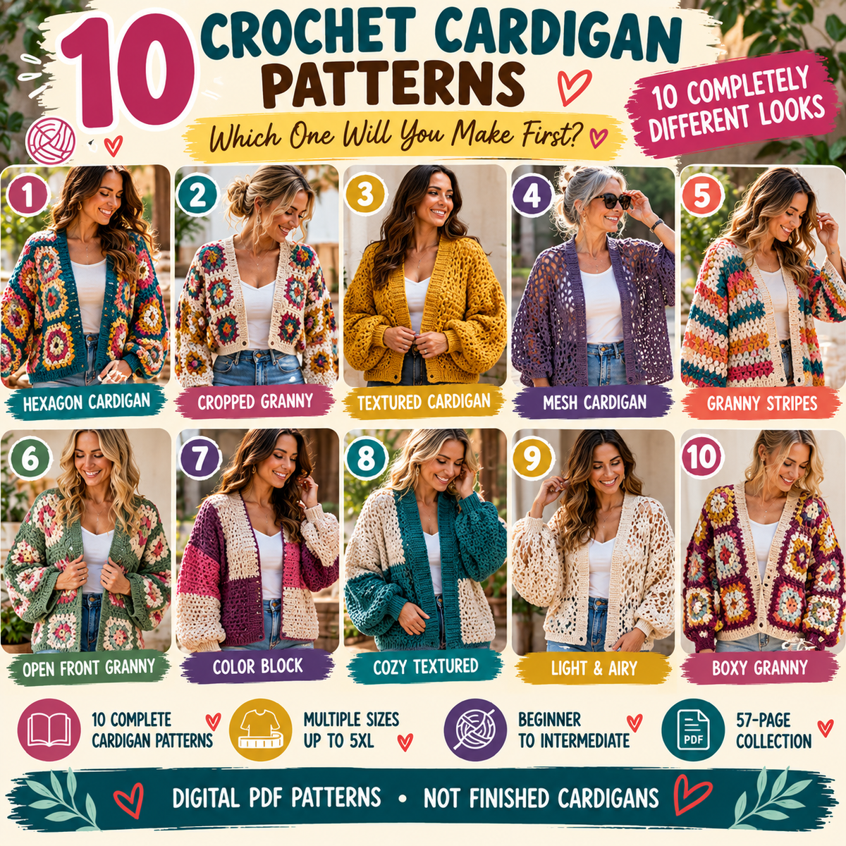 Ten crochet cardigan pattern styles including hexagon granny mesh textured cropped and color block cardigans