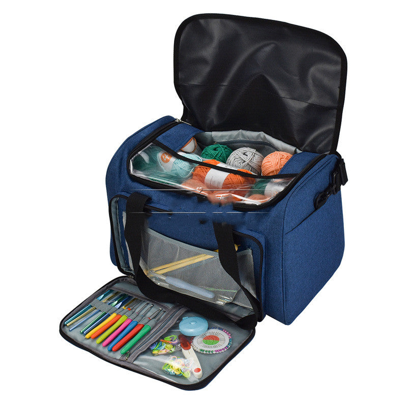 Blue yarn organizer with open top and front tool compartment