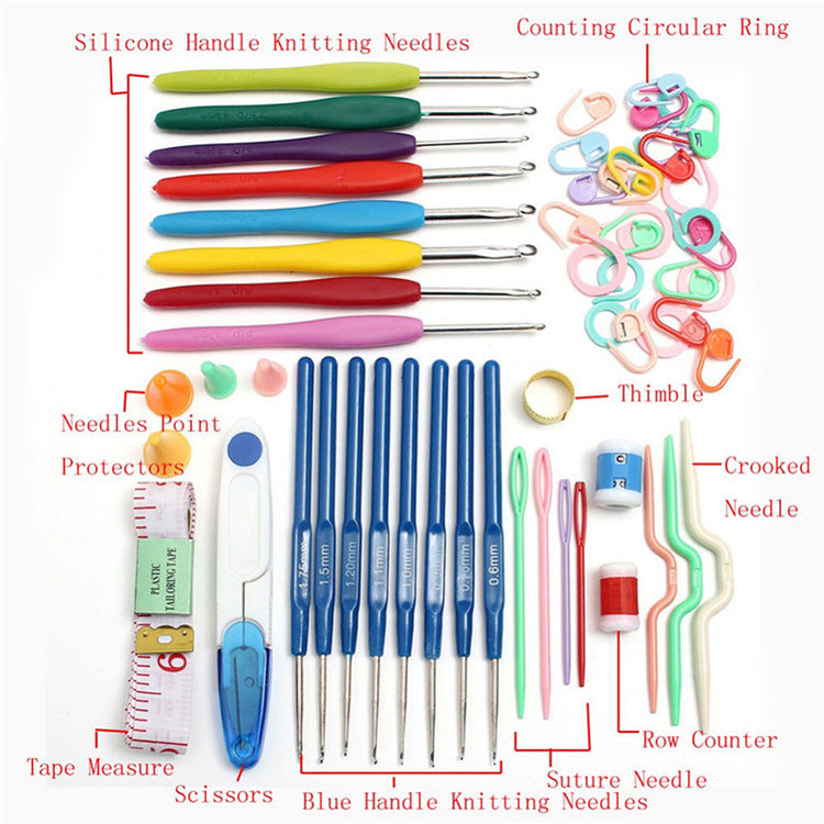 Crochet hooks and assorted accessories labeled in a tool layout