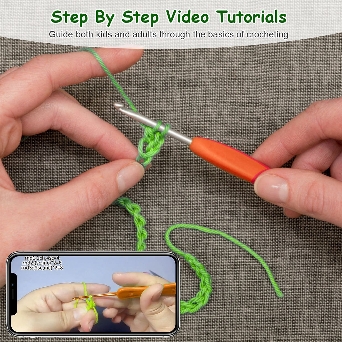 Hands crocheting green yarn with an inset video demonstration