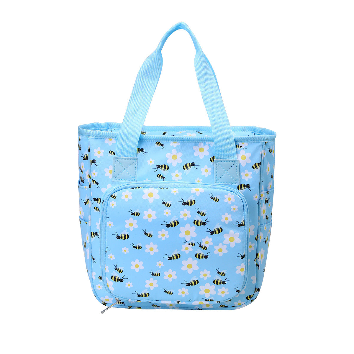 Light-blue bee-print yarn tote with carry handles