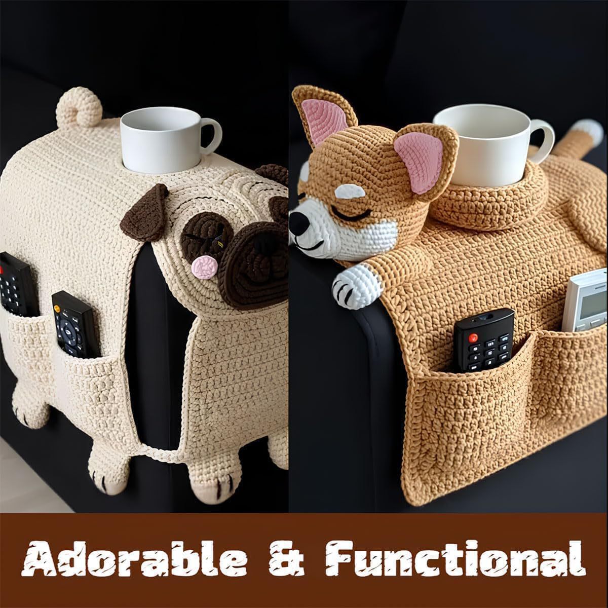 Pug and corgi crochet sofa organizers shown together