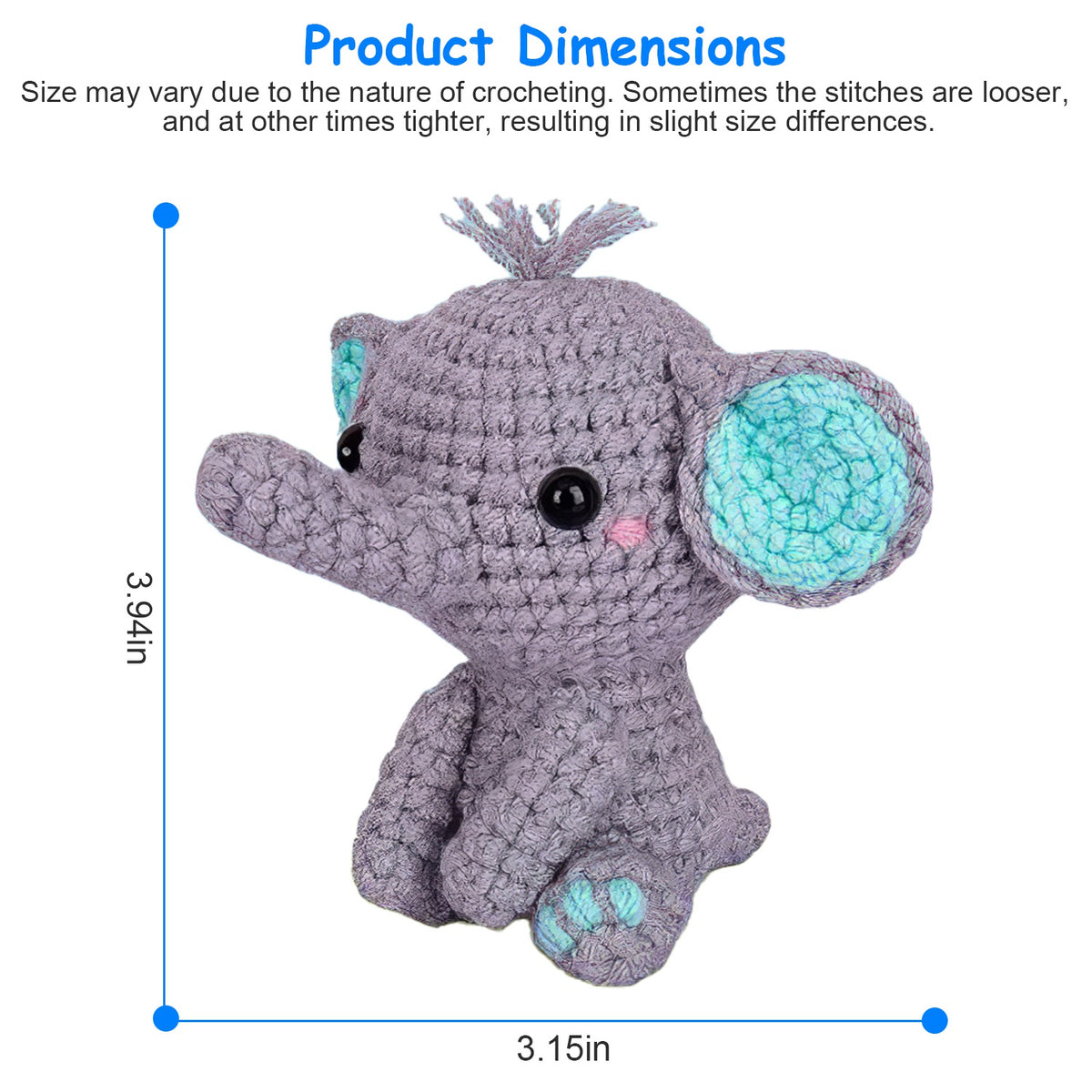Gray crochet elephant shown with dimension labels