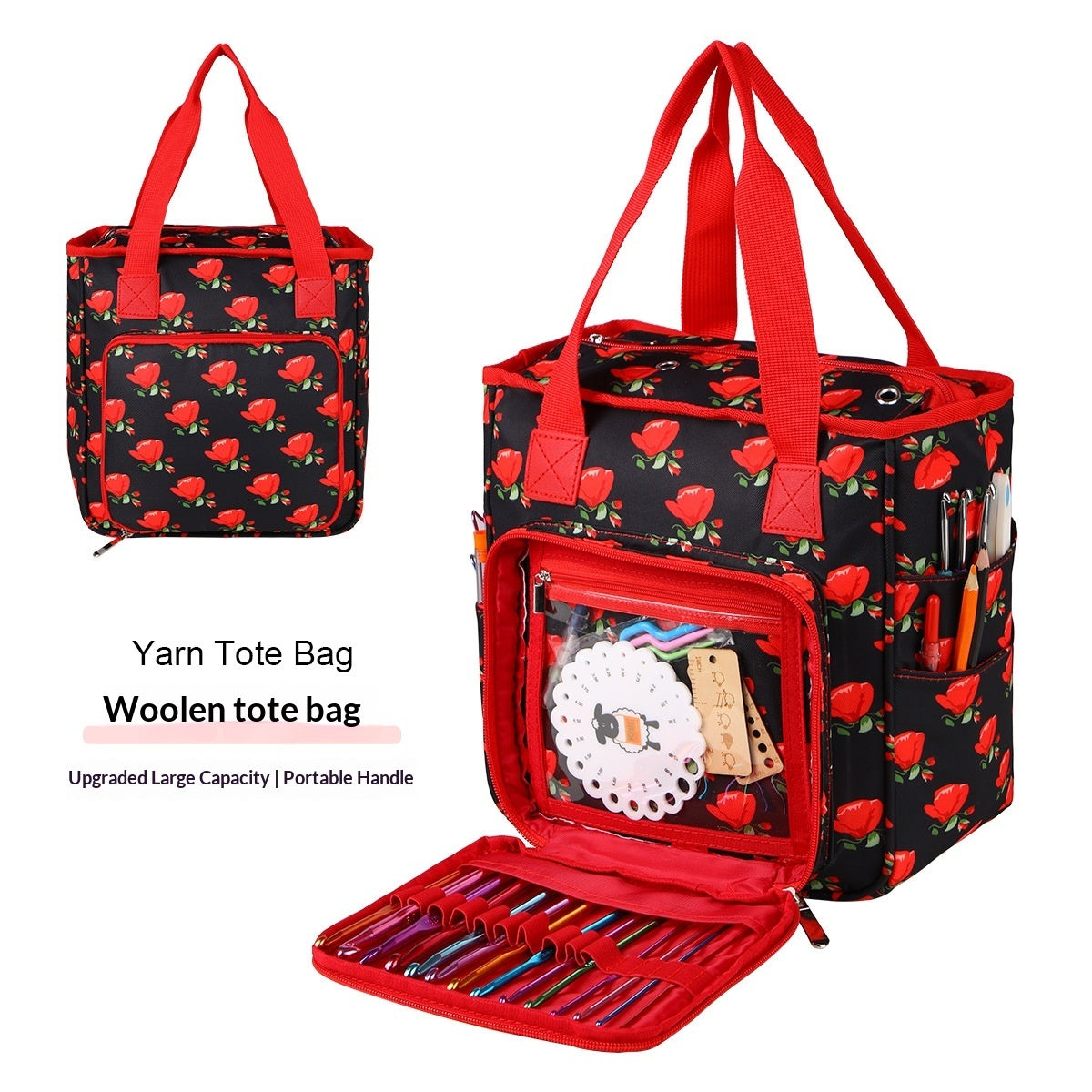 Red floral tote with front tool pocket and yarn display