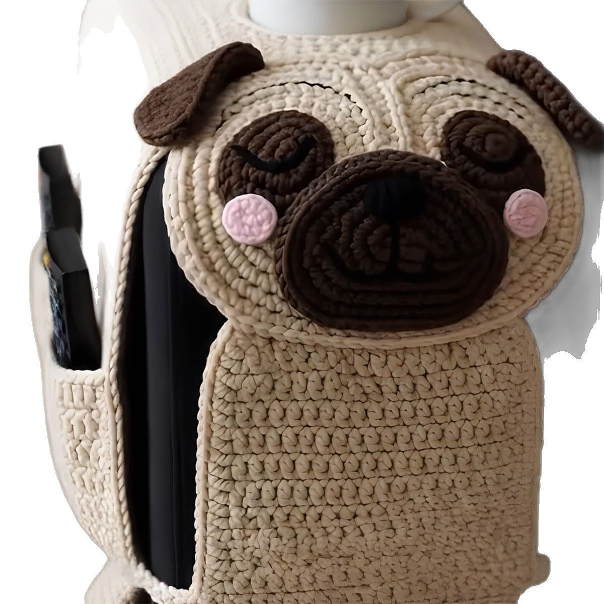 Close-up of a pug-shaped sofa organizer and phone pocket