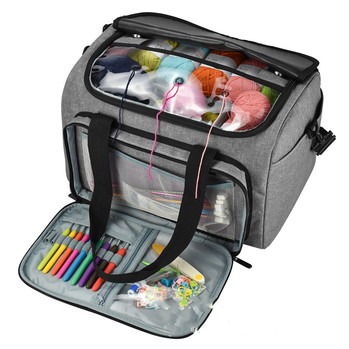 Gray yarn bag with the front tool panel open and yarn visible through the top
