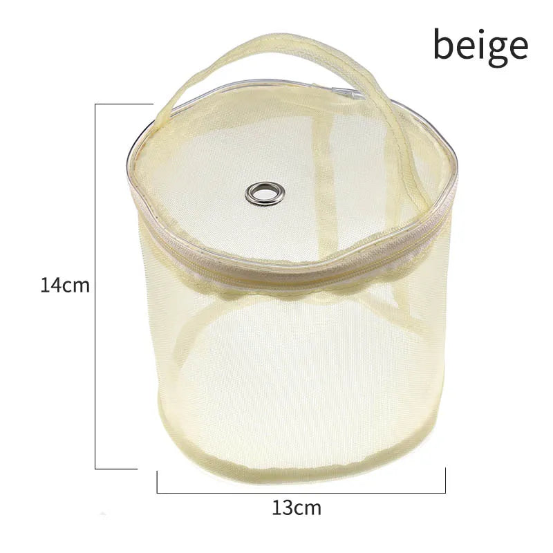 Beige mesh yarn project bag with carry handle, zip top and 13 by 14 cm dimensions