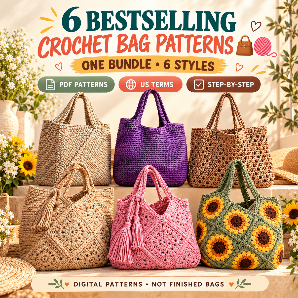 6 in 1 bestselling crochet bag patterns bundle with six tote market granny and sunflower bag designs
