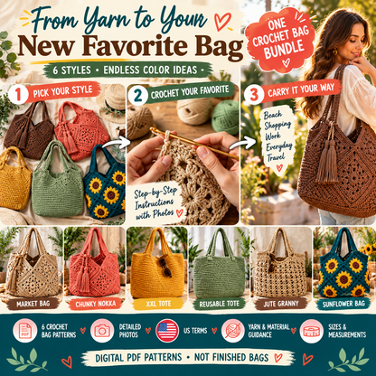 Crochet bag patterns bundle from yarn to finished market tote shoulder granny and sunflower bags