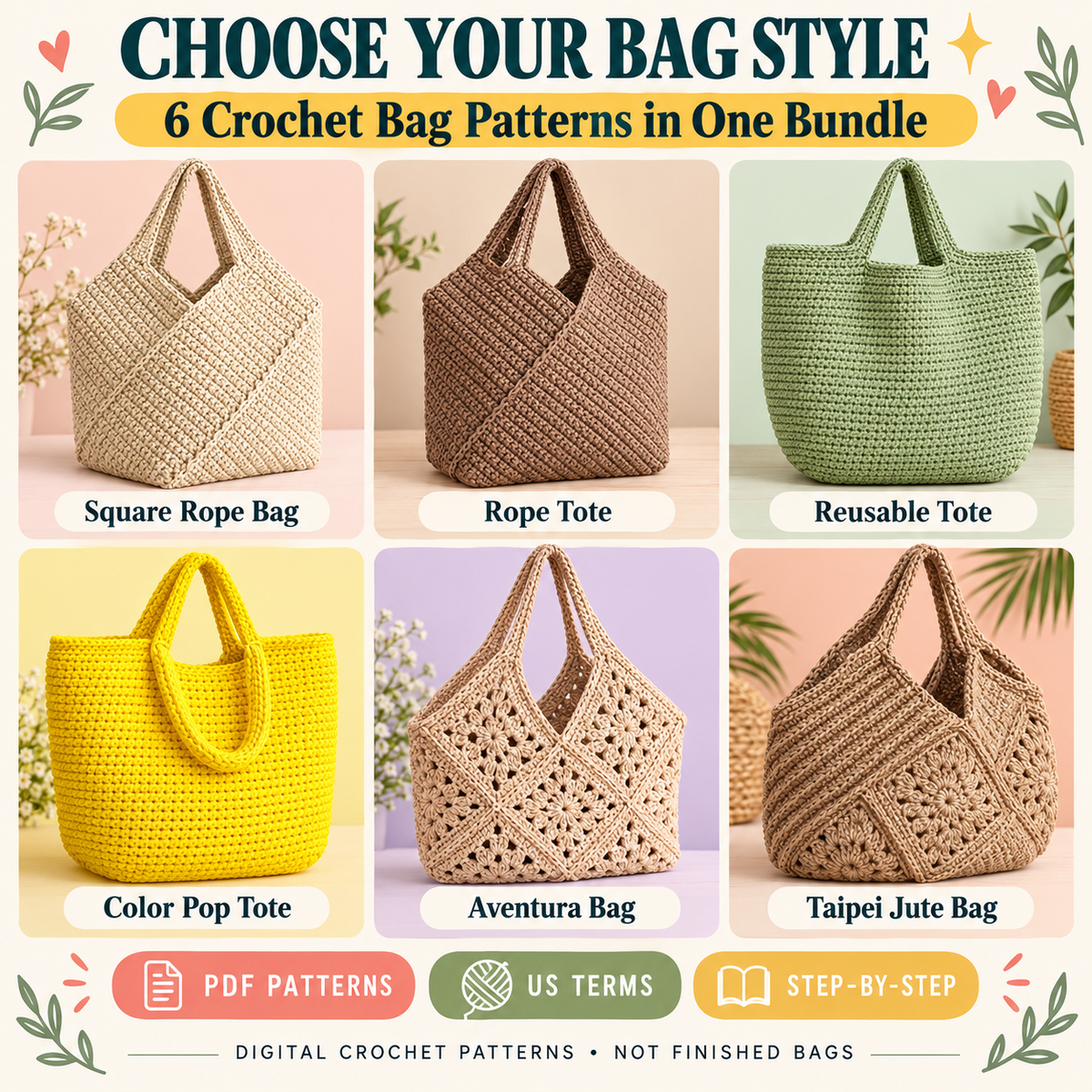 Six crochet bag patterns including square rope bag reusable tote jute granny and Taipei bag styles