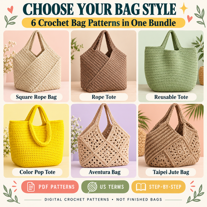 Six crochet bag patterns including square rope bag reusable tote jute granny and Taipei bag styles