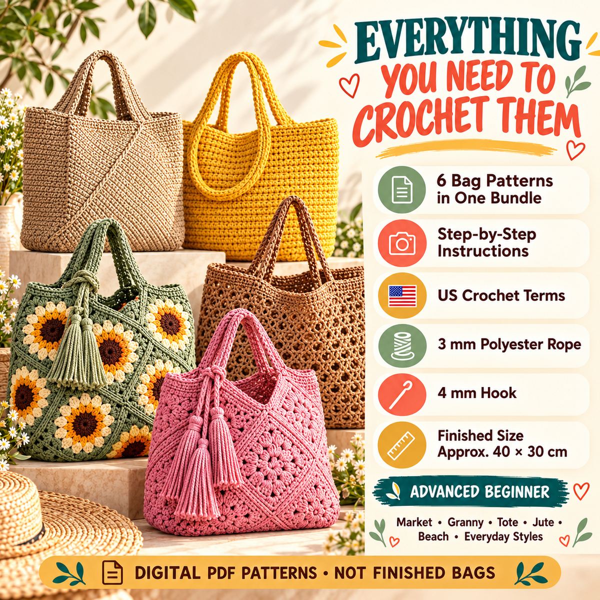 Crochet bag pattern bundle with step by step instructions US terms rope hook size and finished measurements