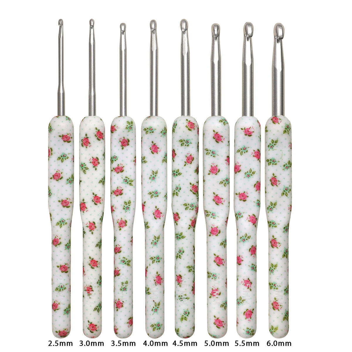 Eight crochet hooks with size labels