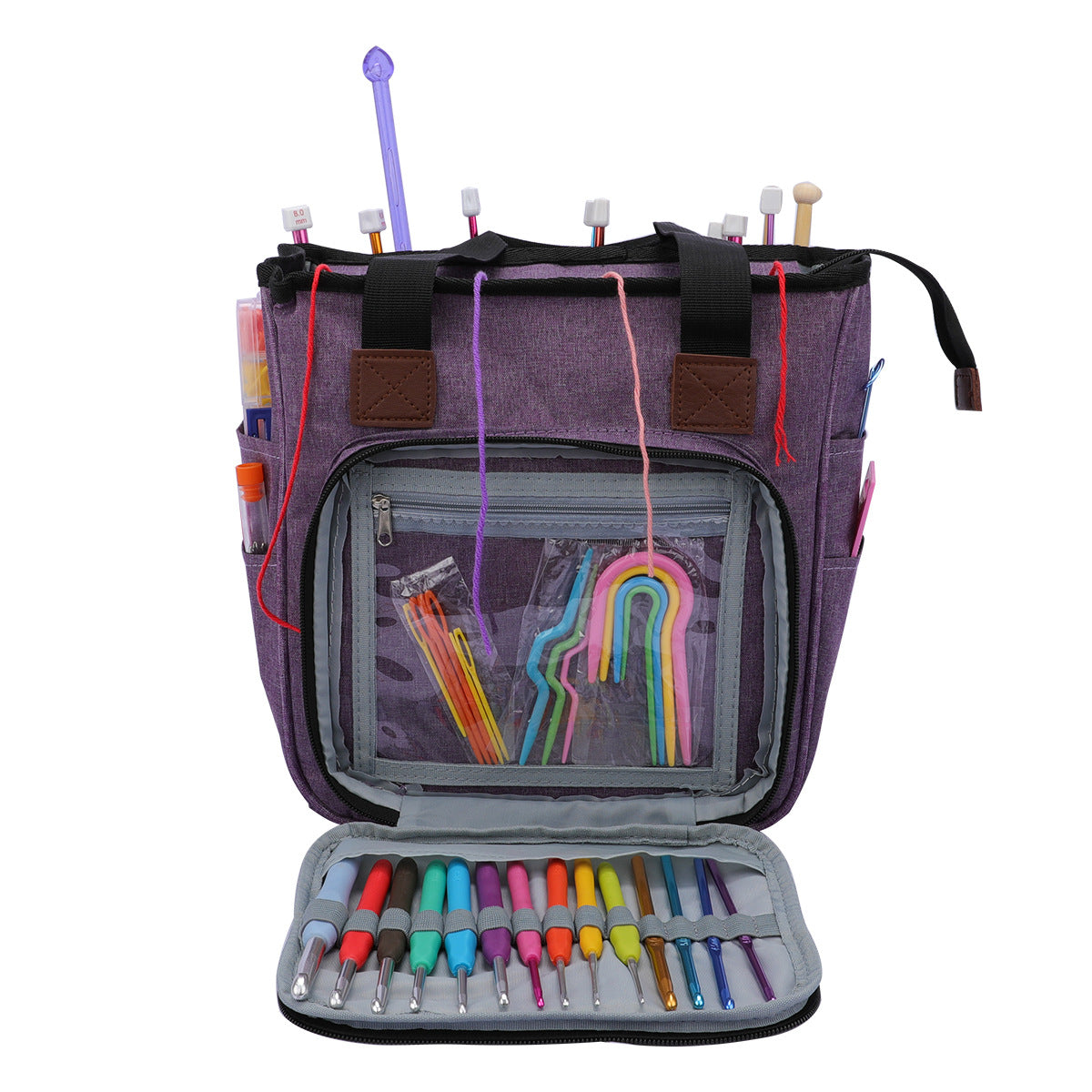 Purple tote with its front tool compartment open