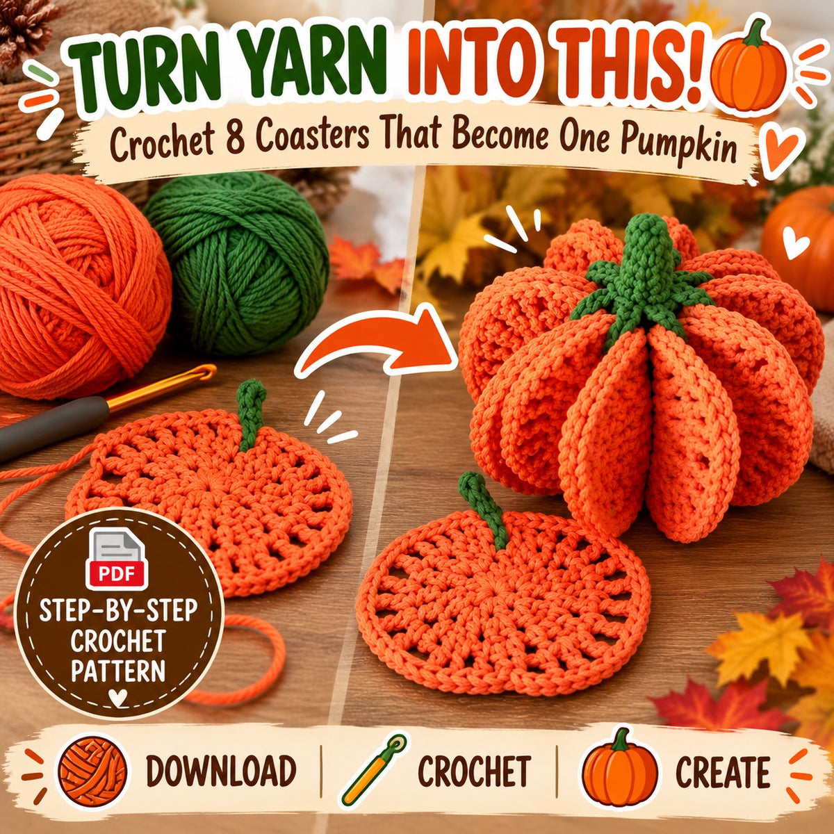 8-in-1 Pumpkin Coaster Crochet Pattern PDF