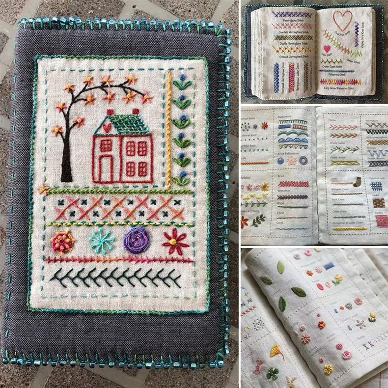 Embroidery book cover and open pages with floral stitch samples