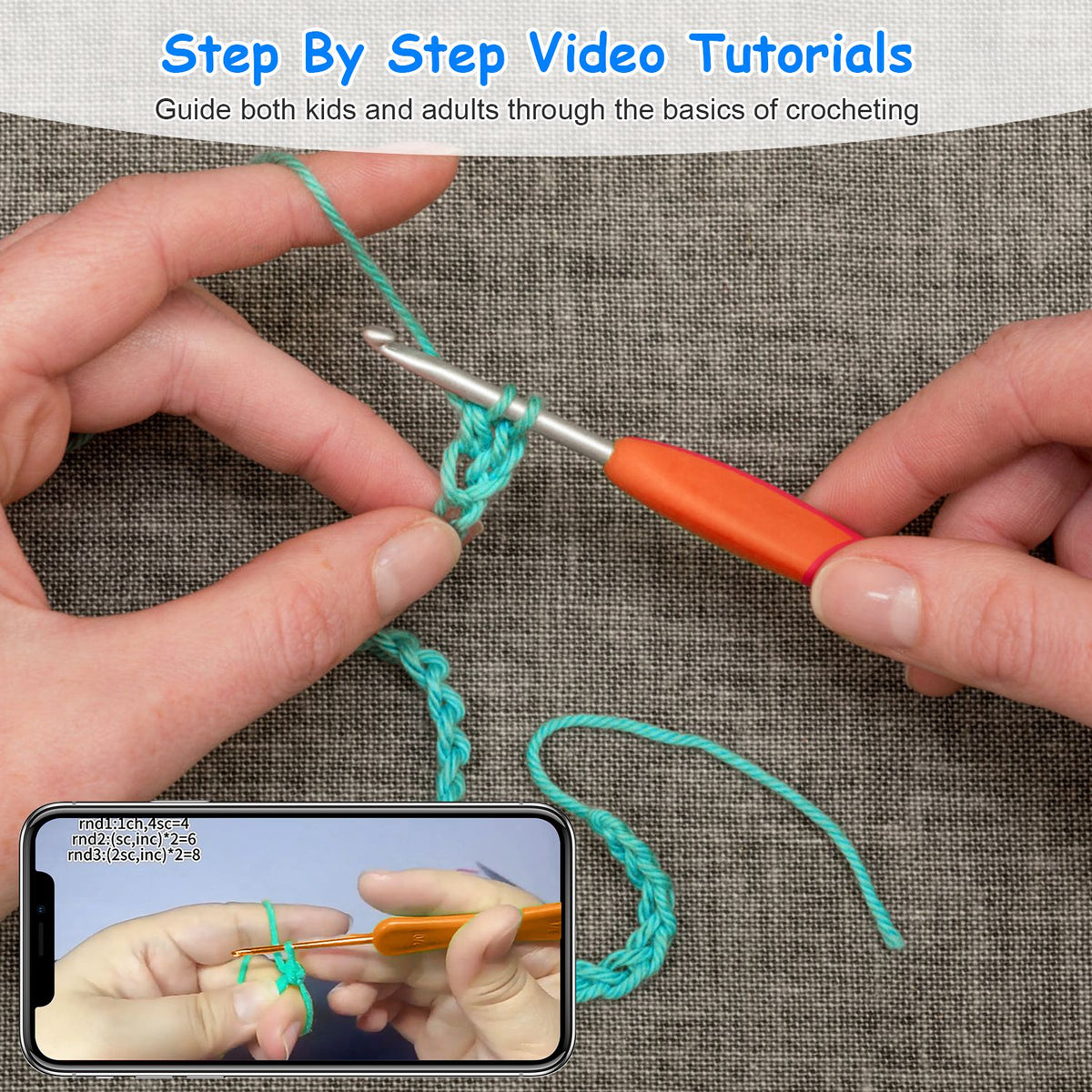 Hands making a crochet chain with an inset video demonstration