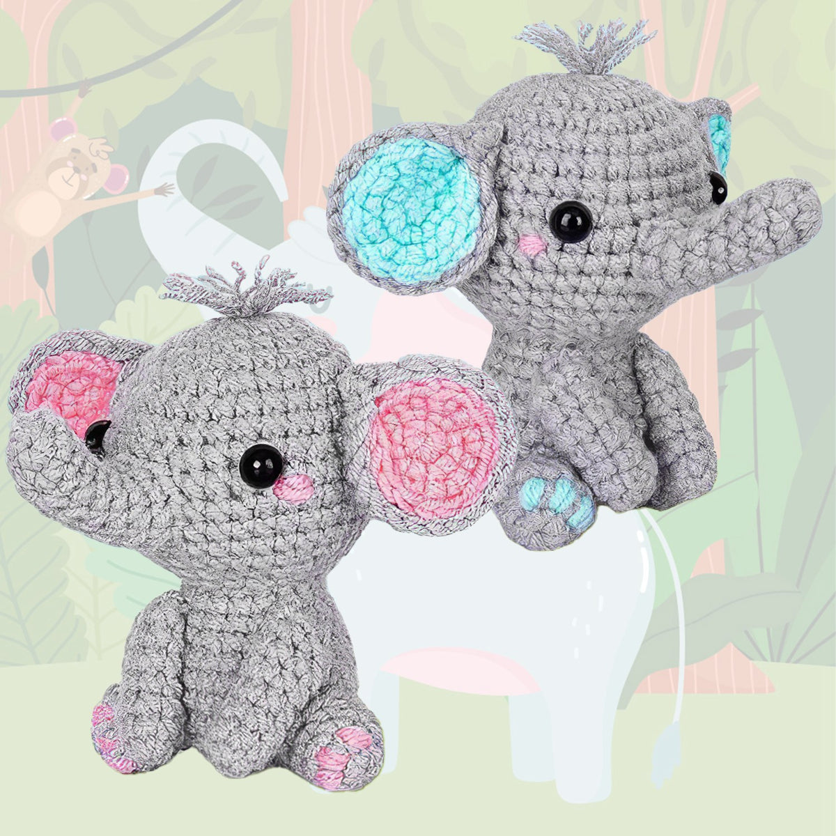 Two gray crochet elephants with pink and blue ear details