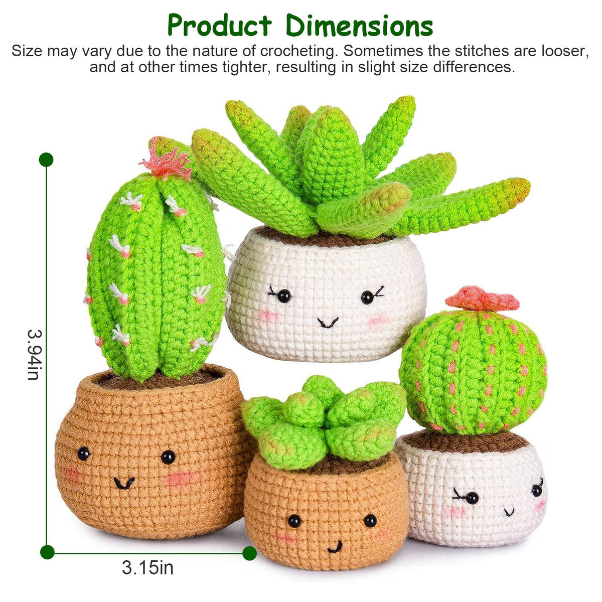 Four crochet succulent plants shown with dimension labels