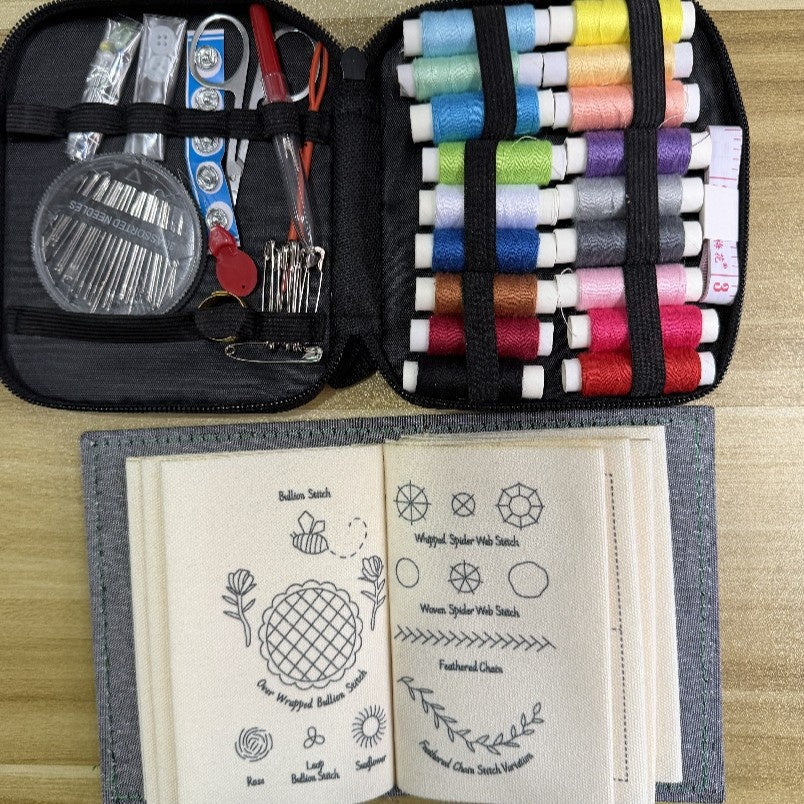 Open black sewing case with colorful thread above an embroidery book