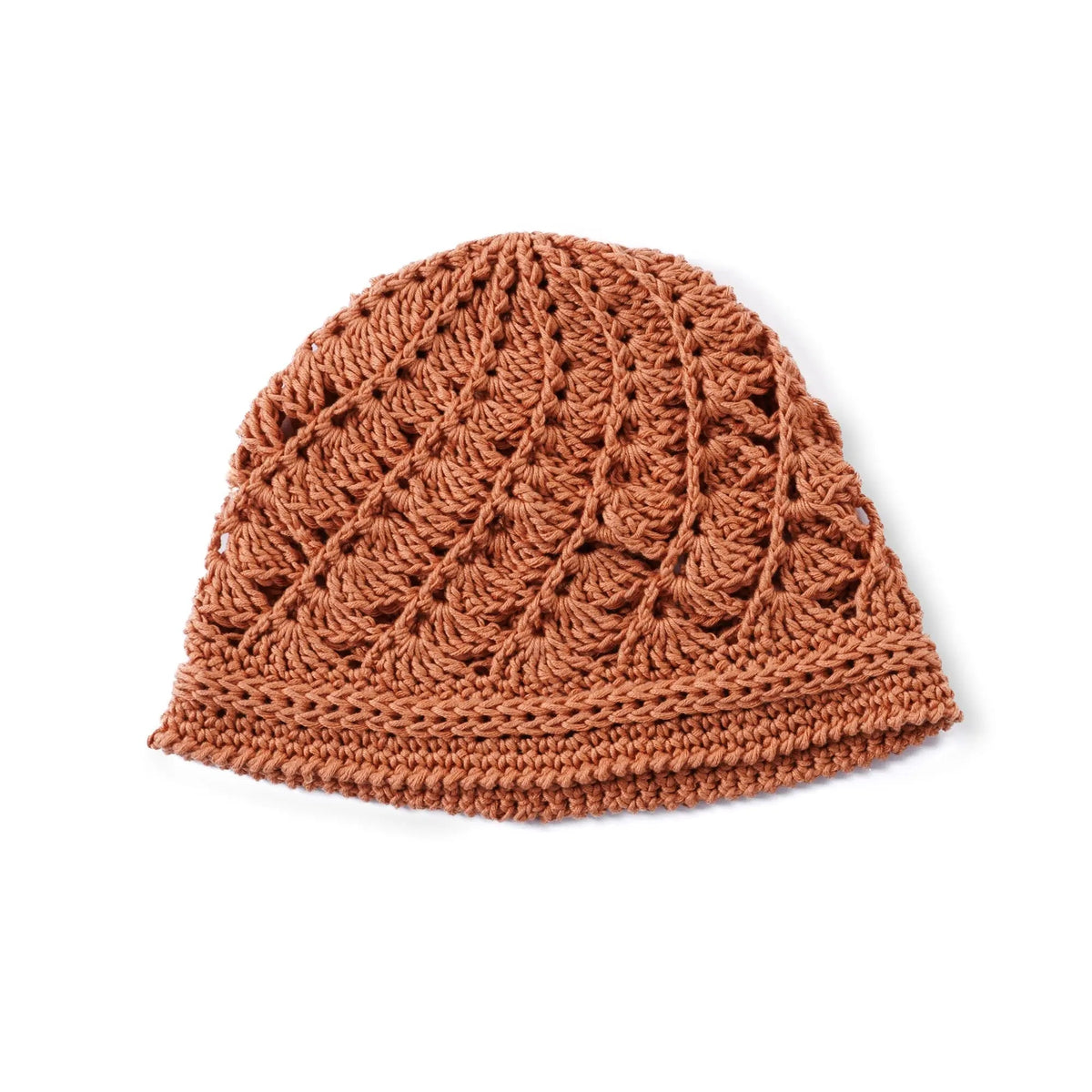 Rust-colored crochet cloche with openwork details on a white background