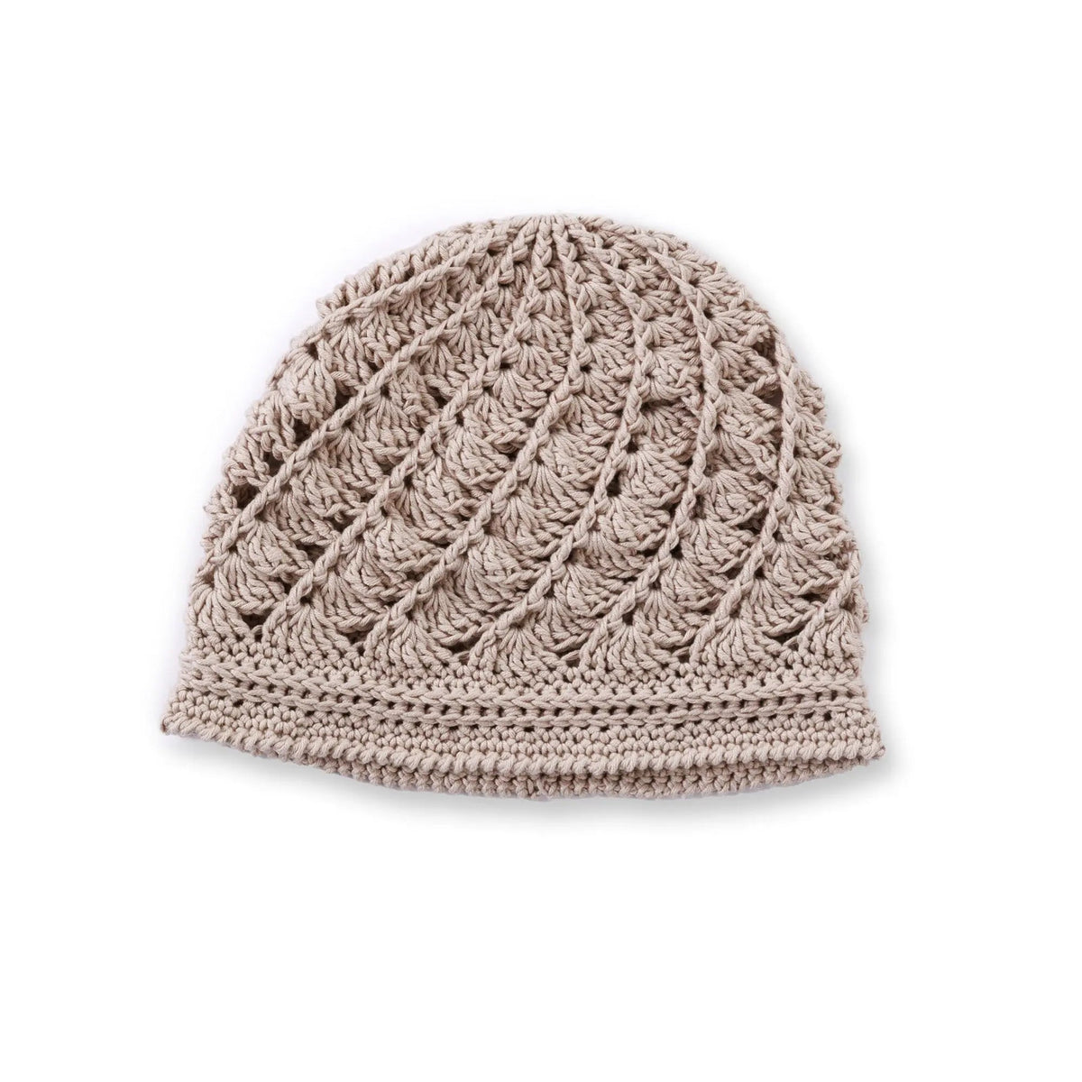 Cream crochet cloche hat with openwork details on a white background