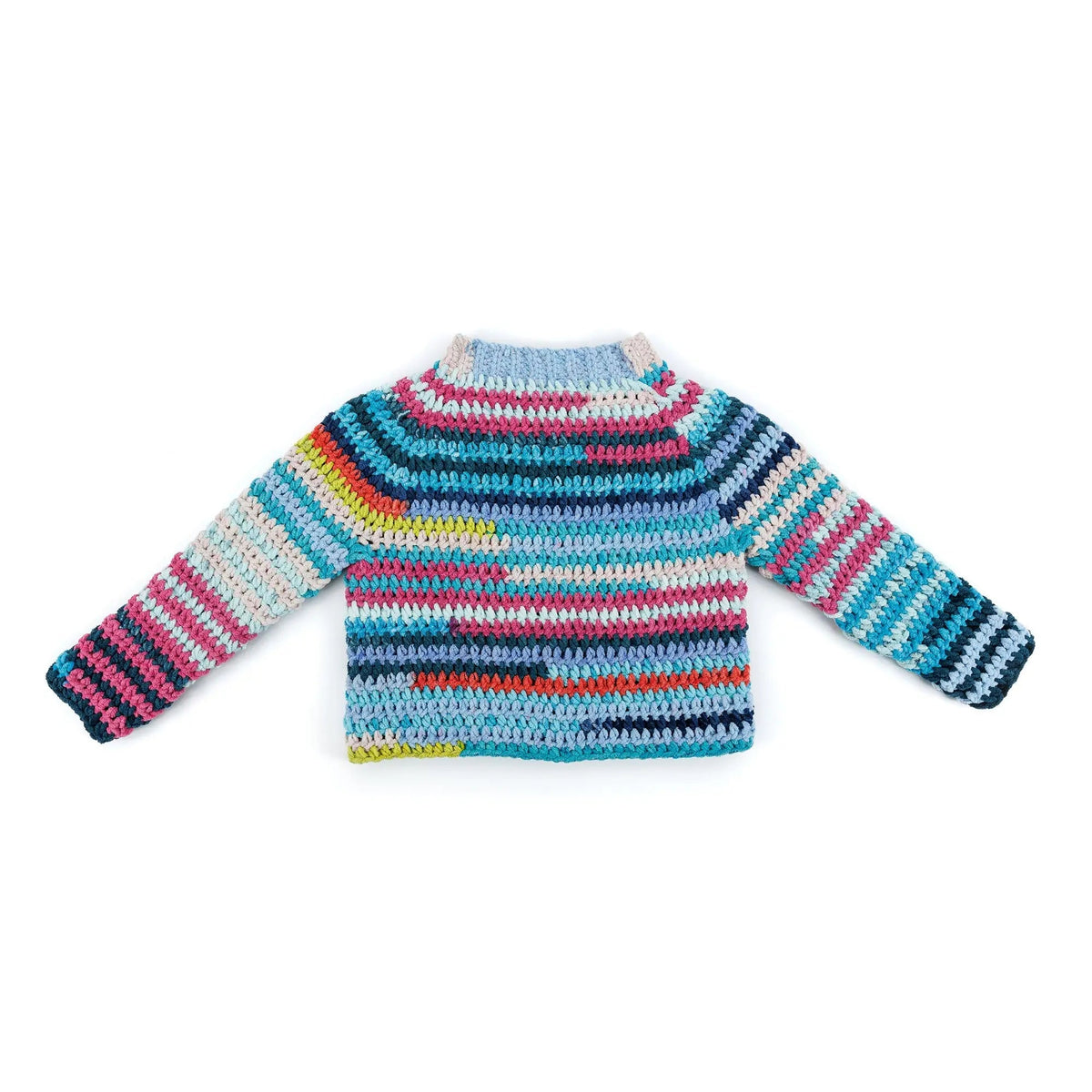 Back of the blue and pink Patchwork crochet pullover