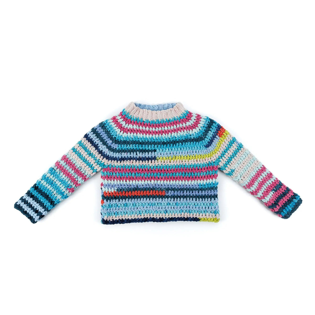 Front of the Patchwork crochet pullover laid flat