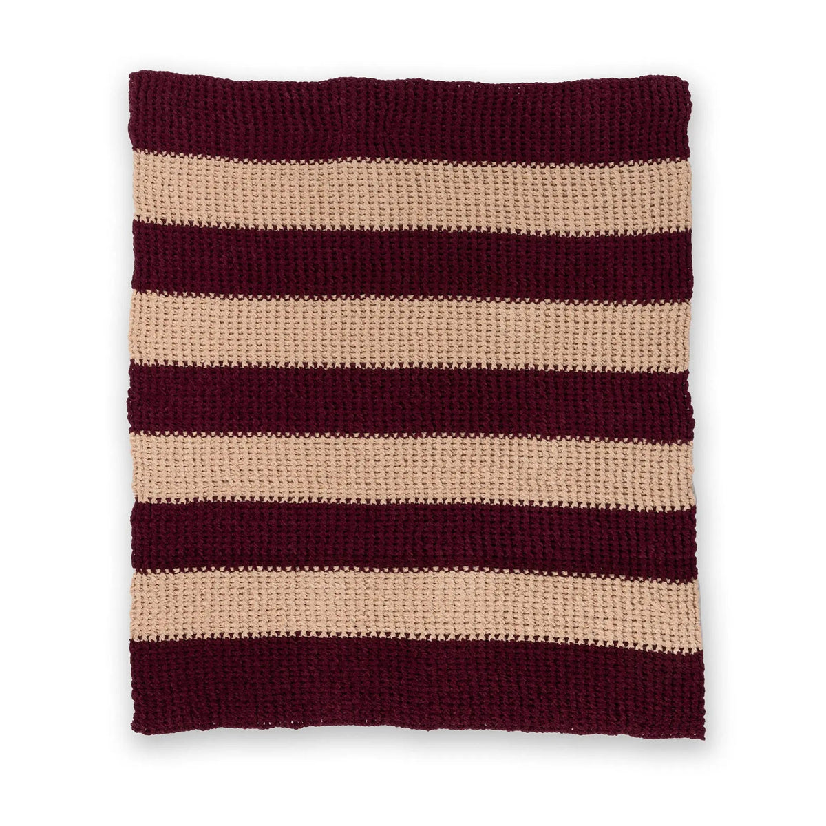 Deep Ridge crochet blanket laid flat with burgundy and cream stripes