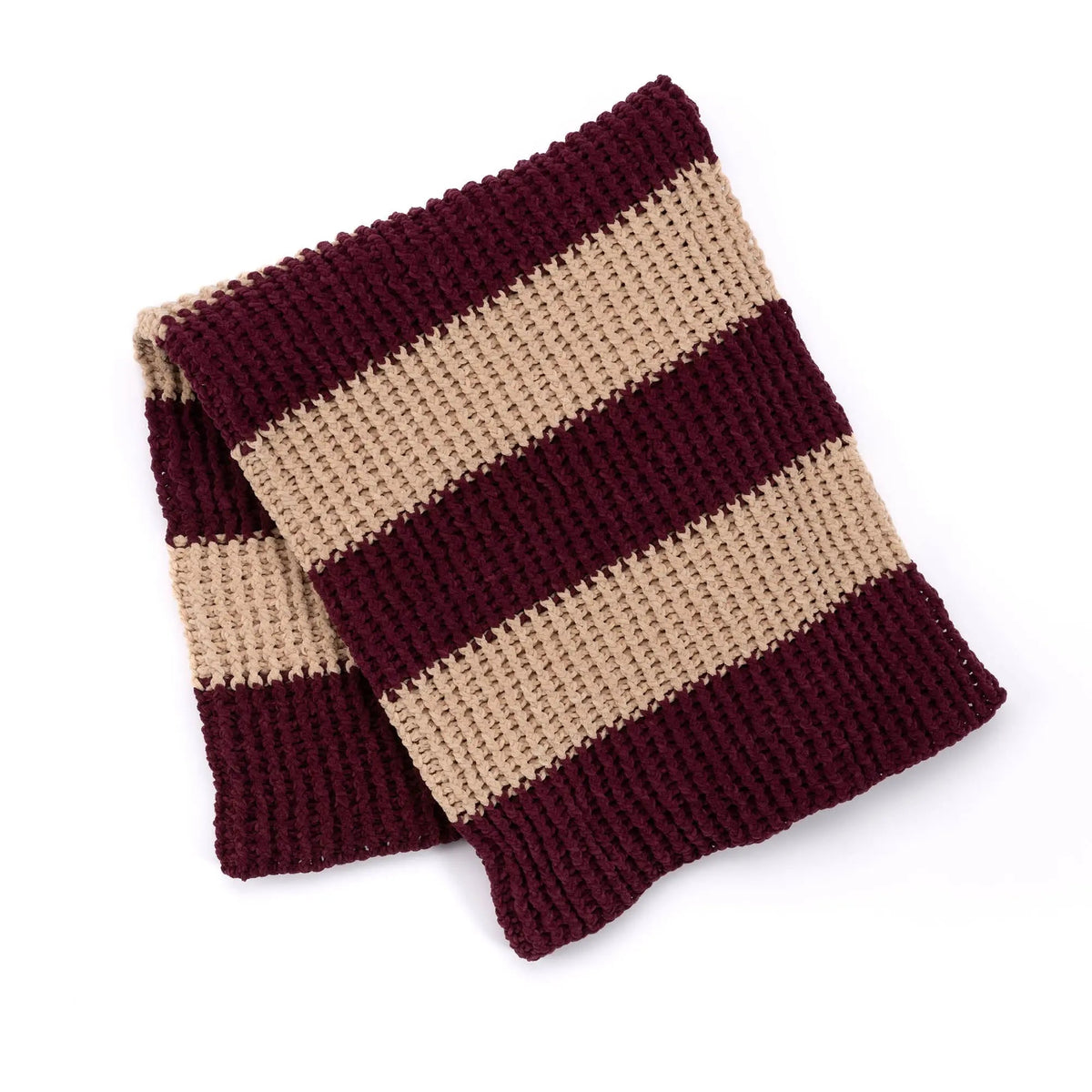 Folded burgundy and cream Deep Ridge crochet blanket