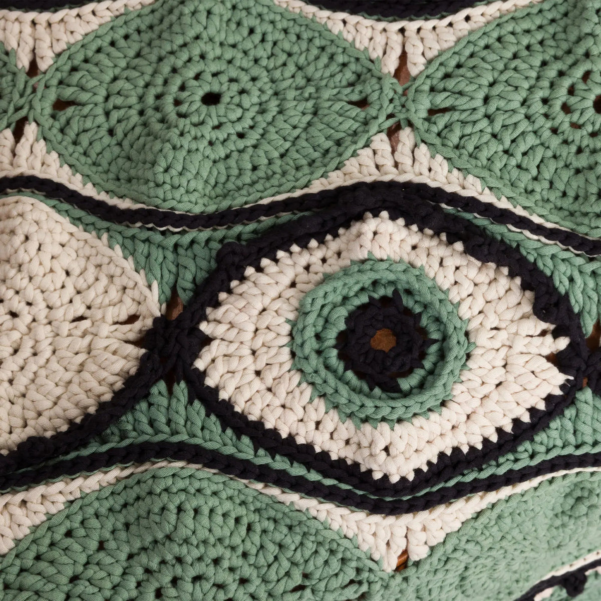 Close-up of crochet eye motif and textured stitches