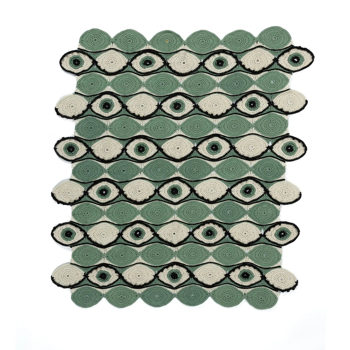 Eye-motif crochet blanket laid flat