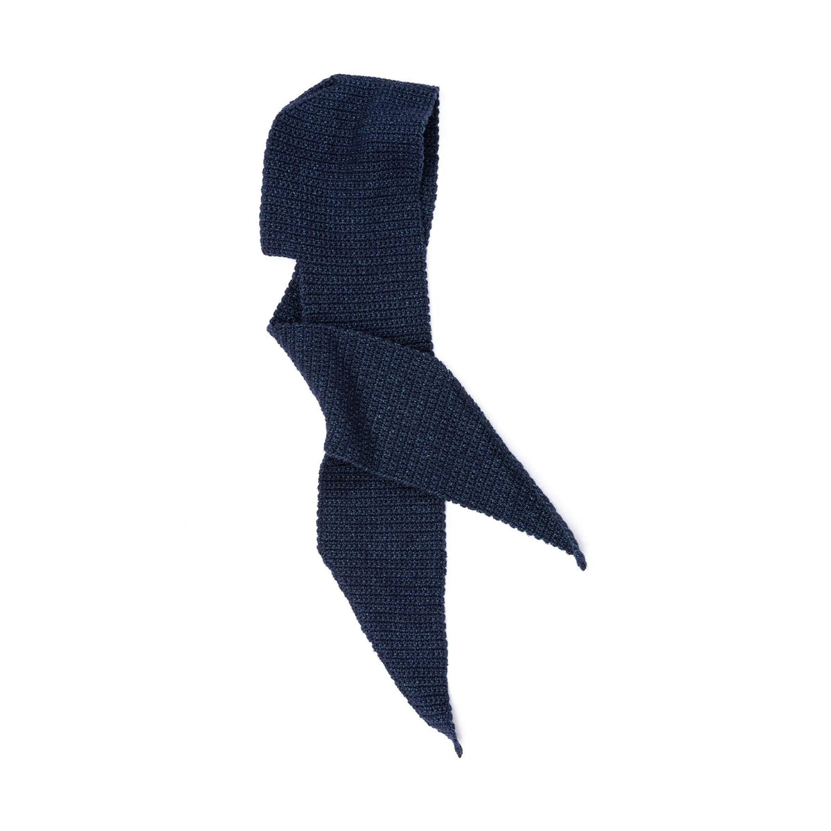 Navy crochet hooded scarf laid flat