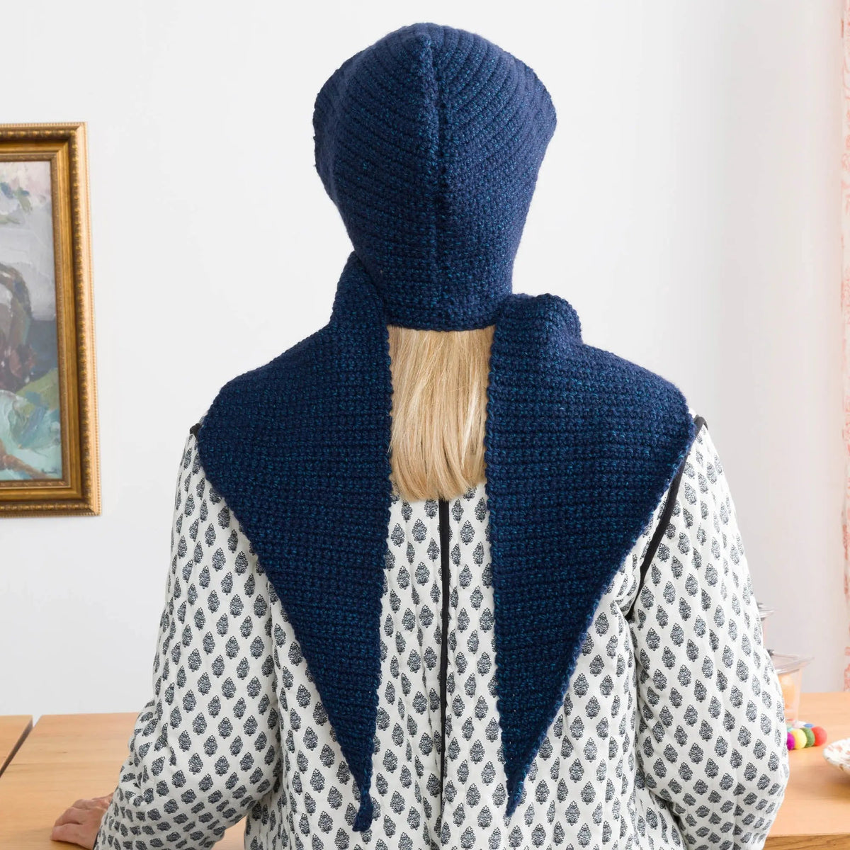Rear view of hooded scarf with long scarf ends