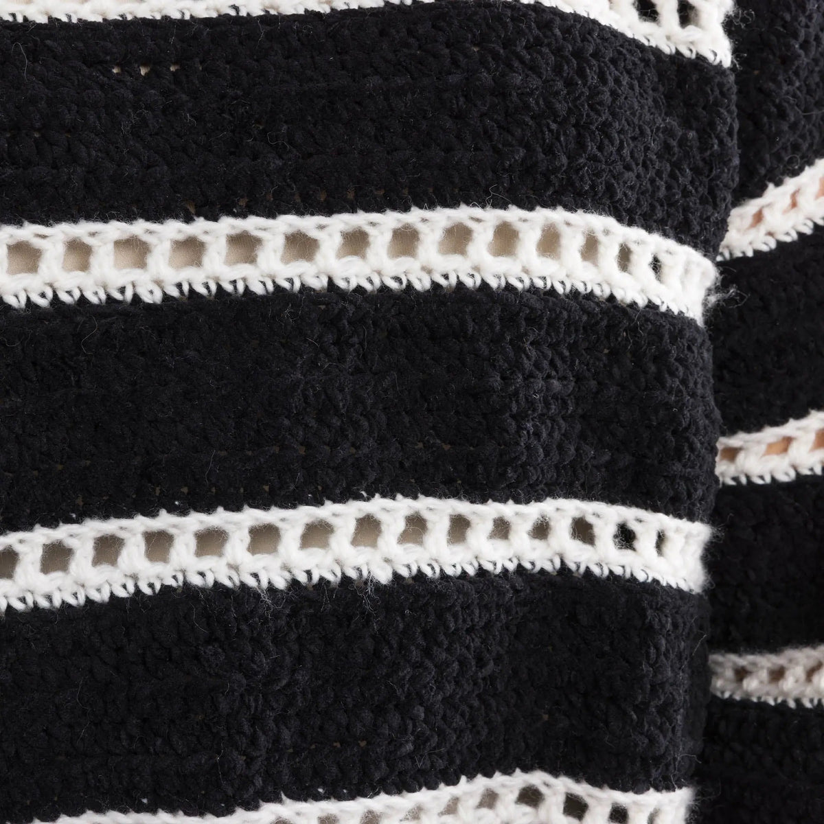 Close-up of contrasting eyelet stripes in the crochet pullover