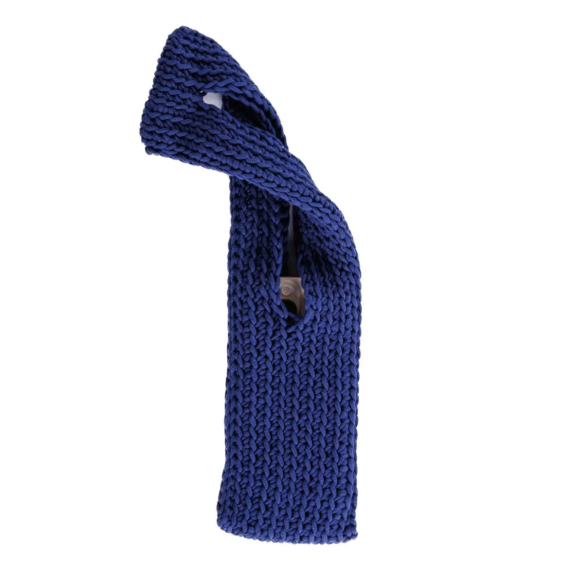 Angled view of the short navy crochet phone pouch and loop strap