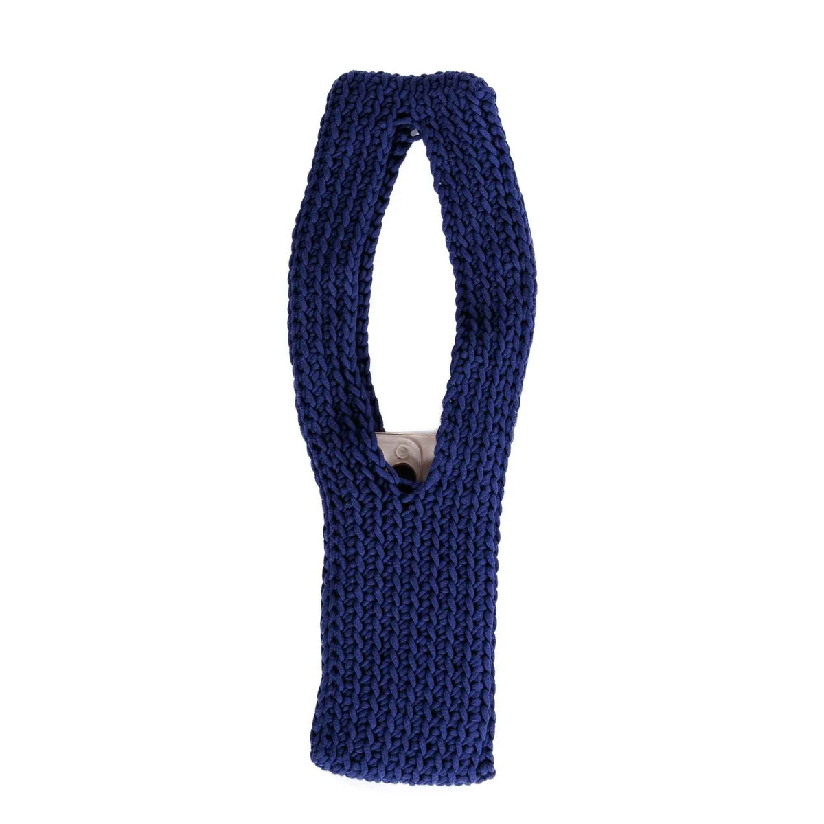 Front view of the navy crochet phone pouch with a phone inside