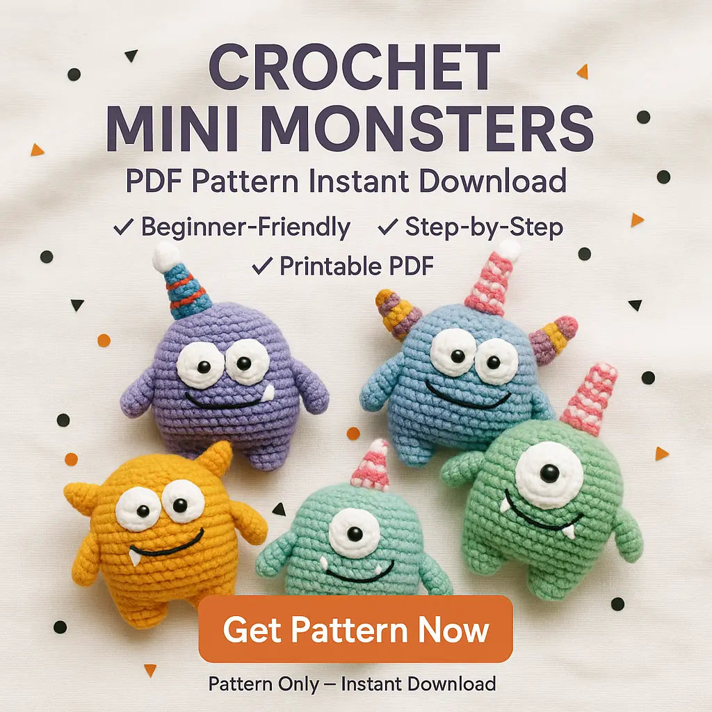 Four colorful crochet mini monsters on a PDF pattern cover