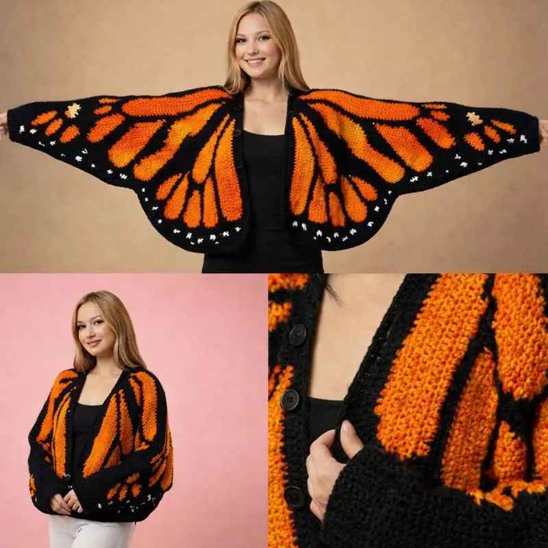 Front, side and stitch-detail views of an orange butterfly crochet cardigan