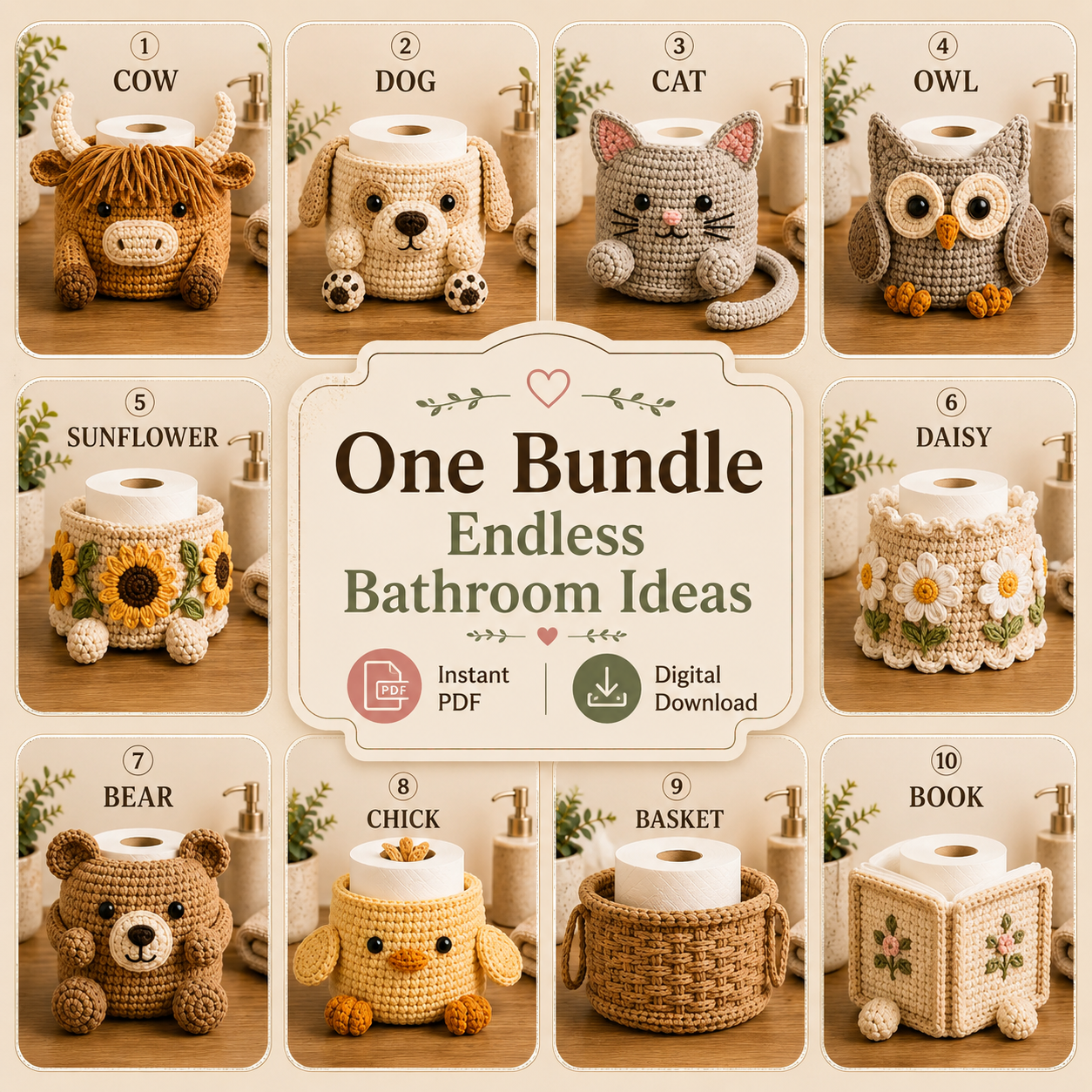 10 Crochet Toilet Paper Holder Patterns Bundle PDF