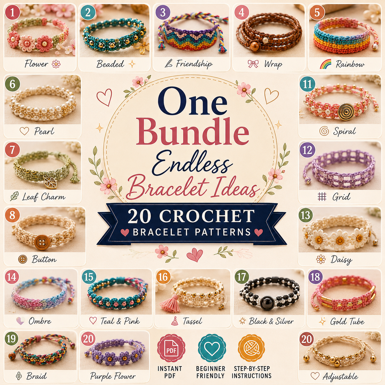 20 Crochet Bracelet Patterns Bundle PDF