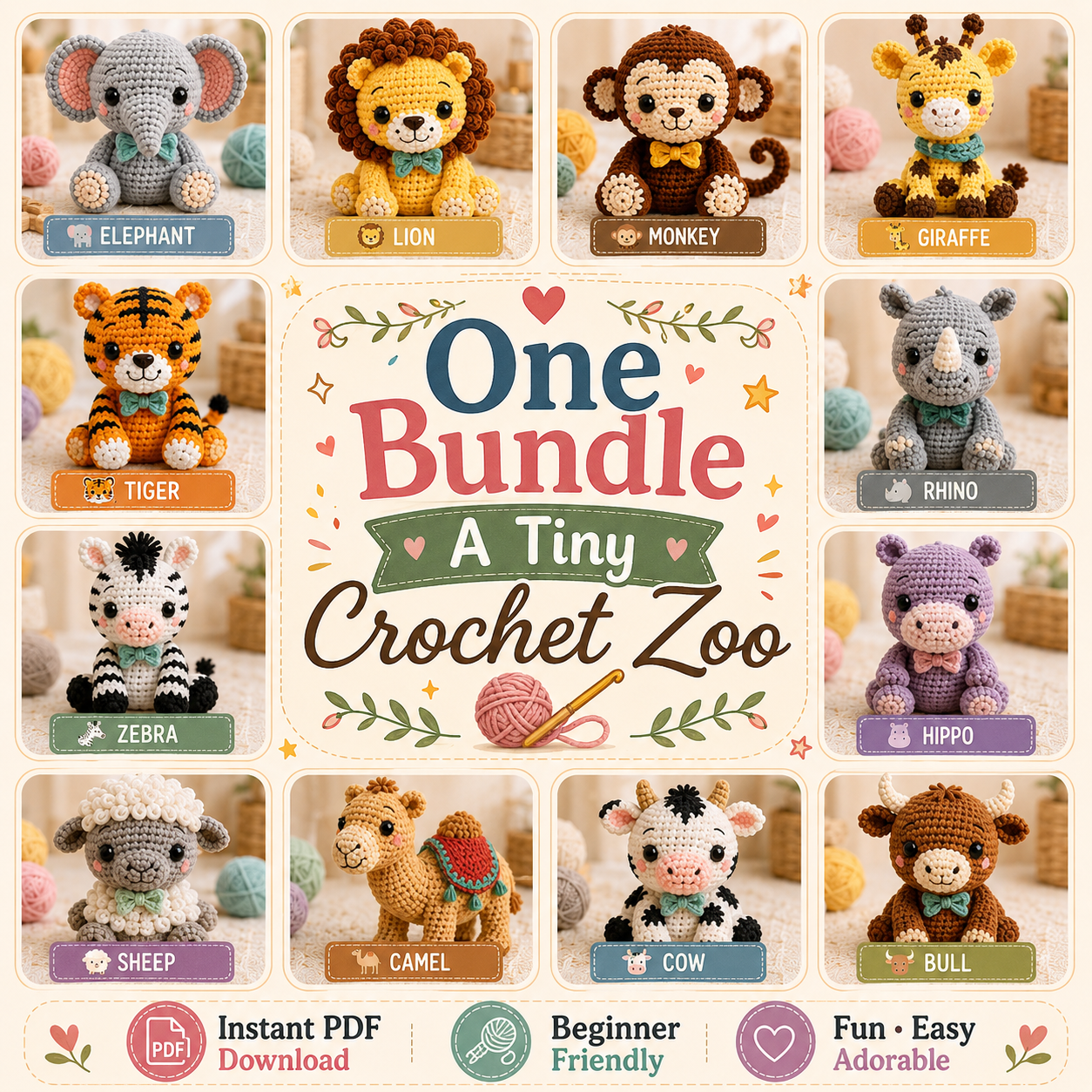 12 Mini Baby Animals Crochet Pattern Bundle (PDF)