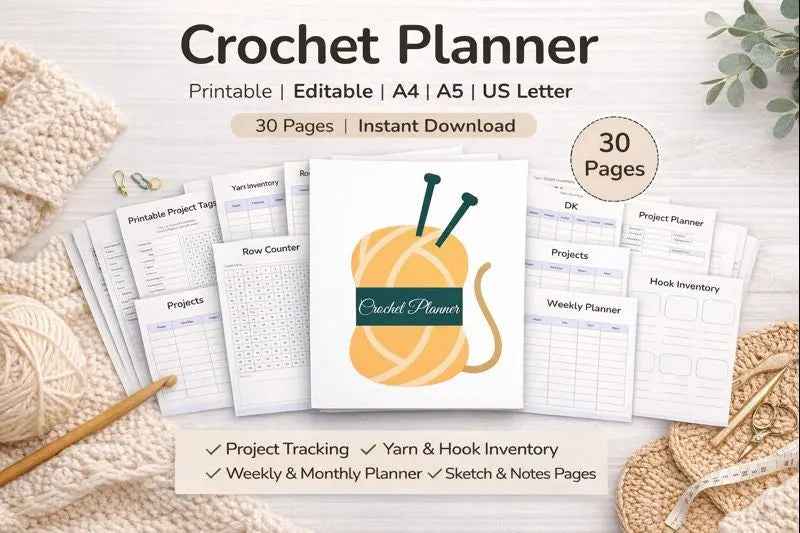 Crochet Planner cover and sample project, yarn inventory, row counter and weekly planning pages