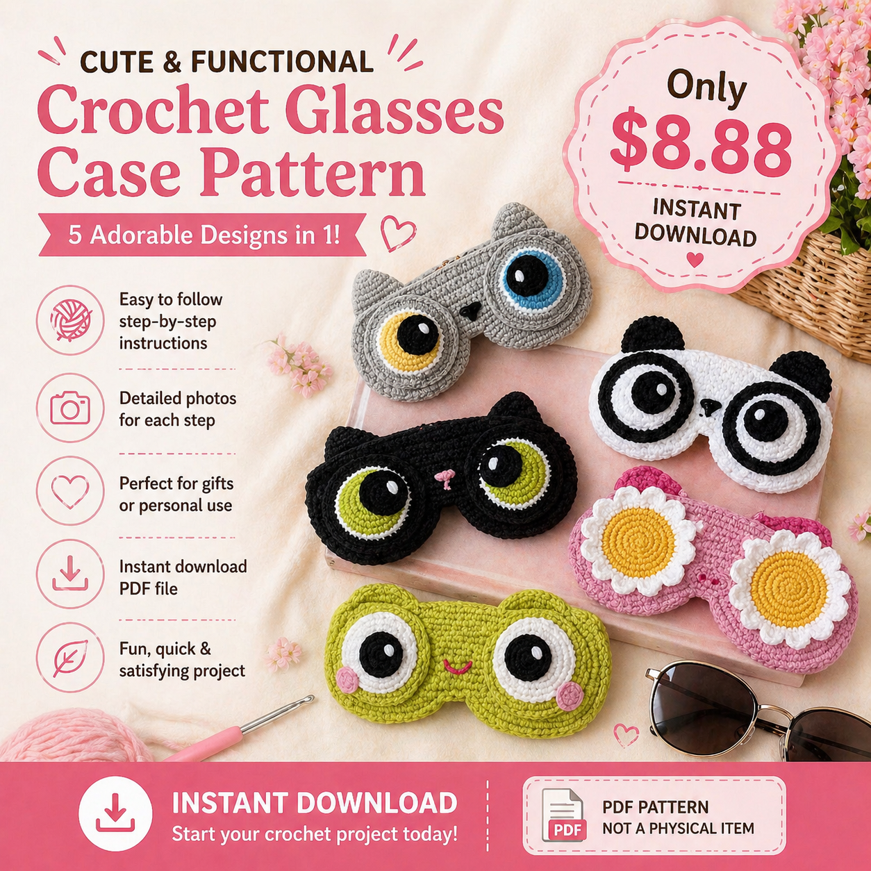 5-in-1 Crochet Glasses Case Pattern PDF - The Crochet Nok