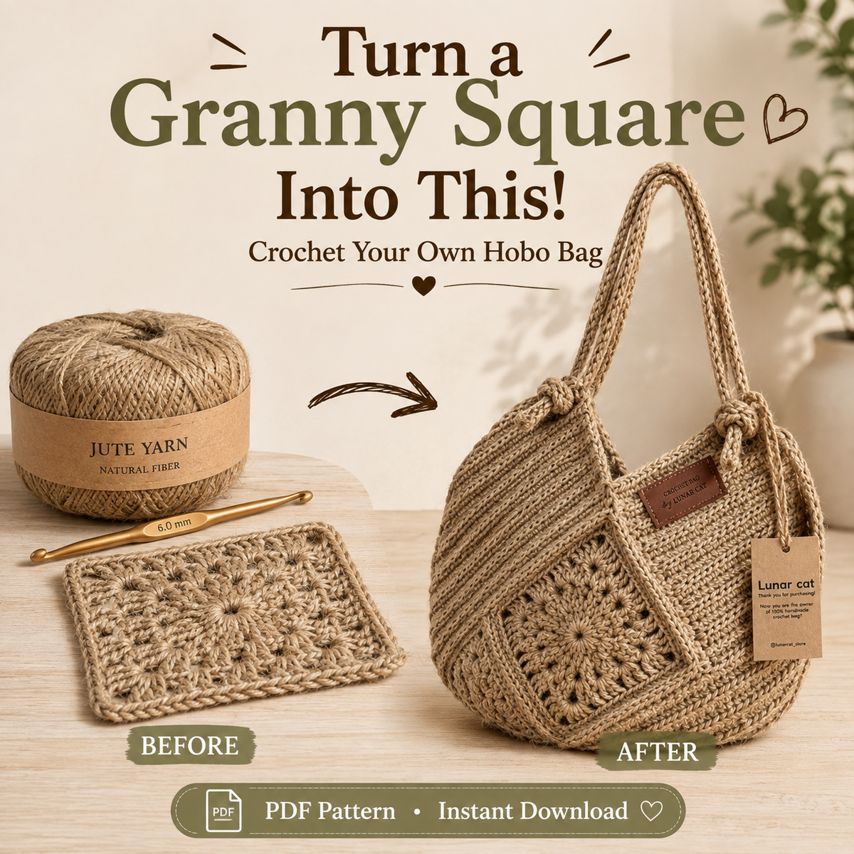 Jute Crochet Bag Pattern - Stylish Granny Square Tote Design
