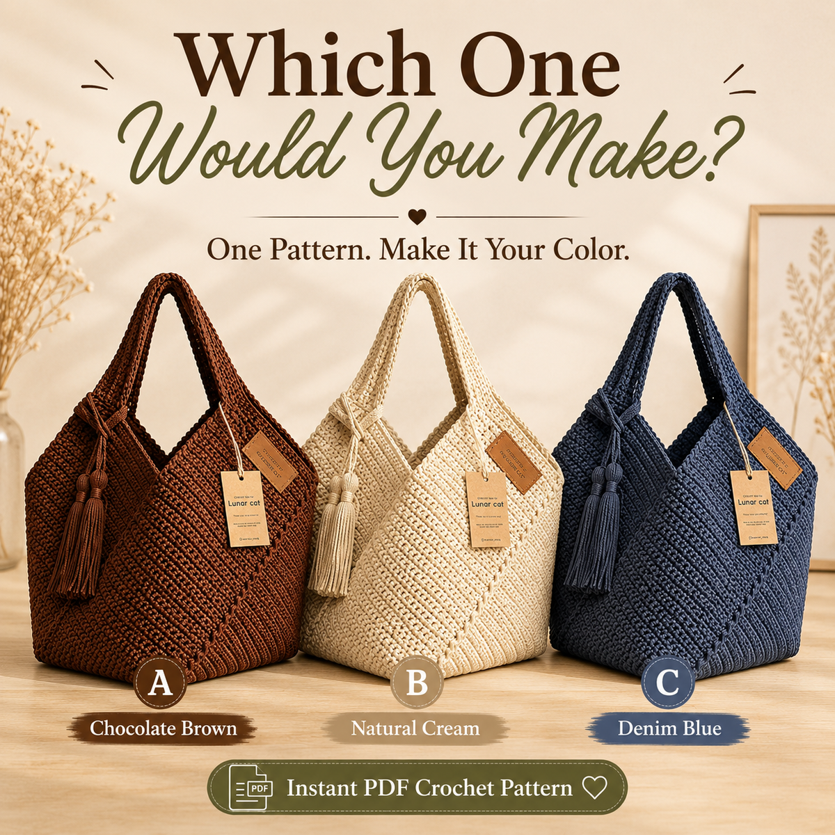 Brown, cream and navy crochet tote color examples